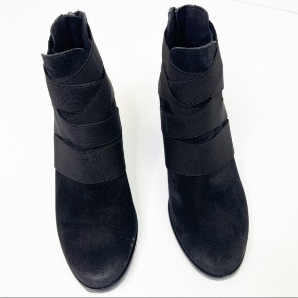 Eileen Fisher Boots Sz 6.5 Suede Black Willis Elastic Cross Straps Ankle Bootie - Picture 6 of 11
